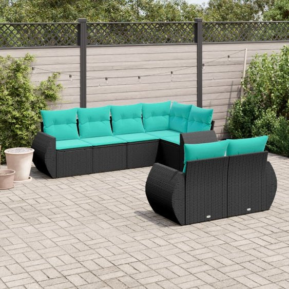 vidaXL 7-teiliges Gartensofa-Set mit Kissen, schwarzes Polyrattan