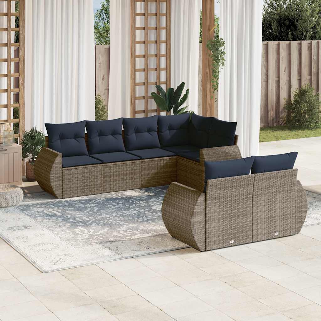 vidaXL 7-teiliges Gartensofa-Set mit Kissen, schwarzes Polyrattan