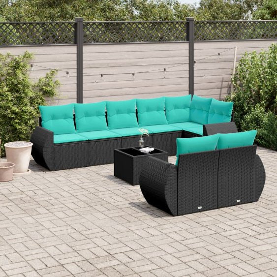 vidaXL 8-teiliges Gartensofa-Set mit Kissen, schwarzes Polyrattan