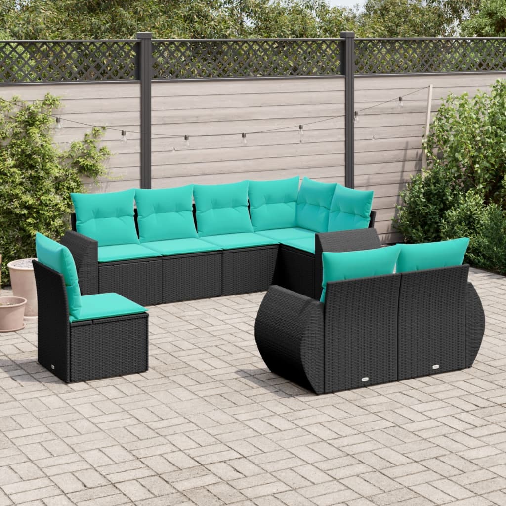 vidaXL 8-teiliges Gartensofa-Set mit Kissen, schwarzes Polyrattan
