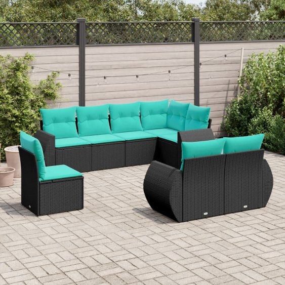 vidaXL 8-teiliges Gartensofa-Set mit Kissen, schwarzes Polyrattan