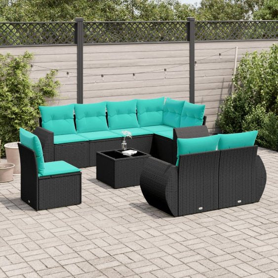 vidaXL 8-teiliges Gartensofa-Set mit Kissen, schwarzes Polyrattan