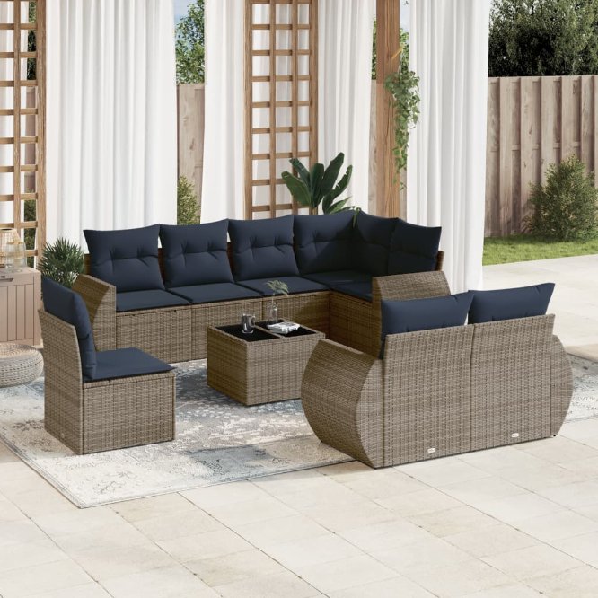 vidaXL 8-teiliges Gartensofa-Set mit Kissen, schwarzes Polyrattan
