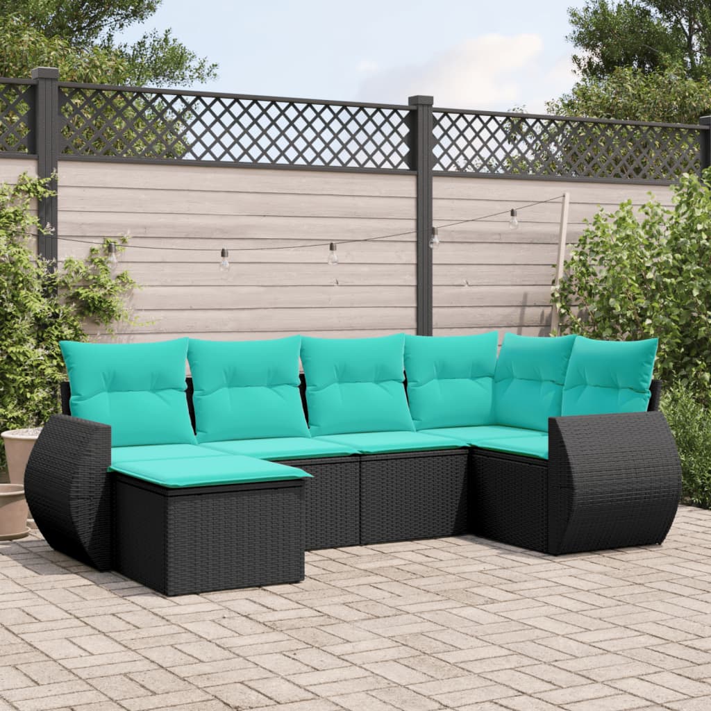 vidaXL 6-teiliges Gartensofa-Set mit Kissen, schwarzes Polyrattan