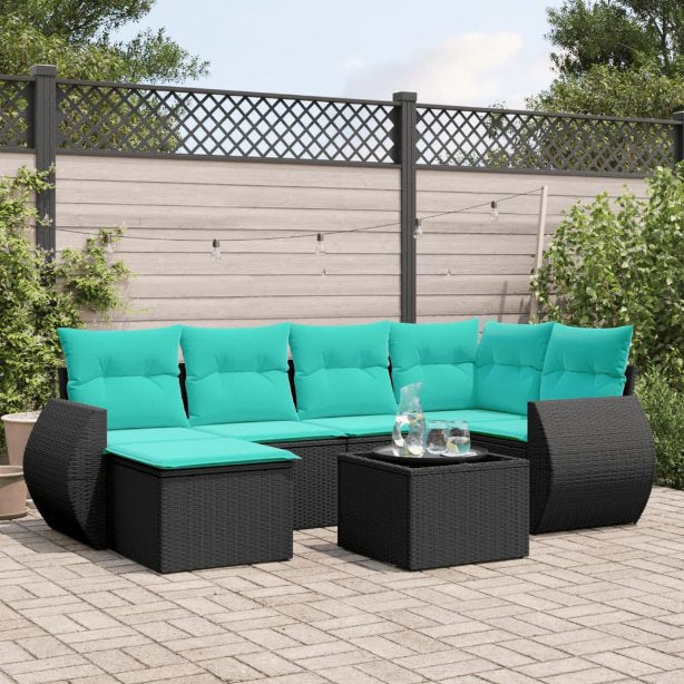 vidaXL 6-teiliges Gartensofa-Set mit Kissen, schwarzes Polyrattan