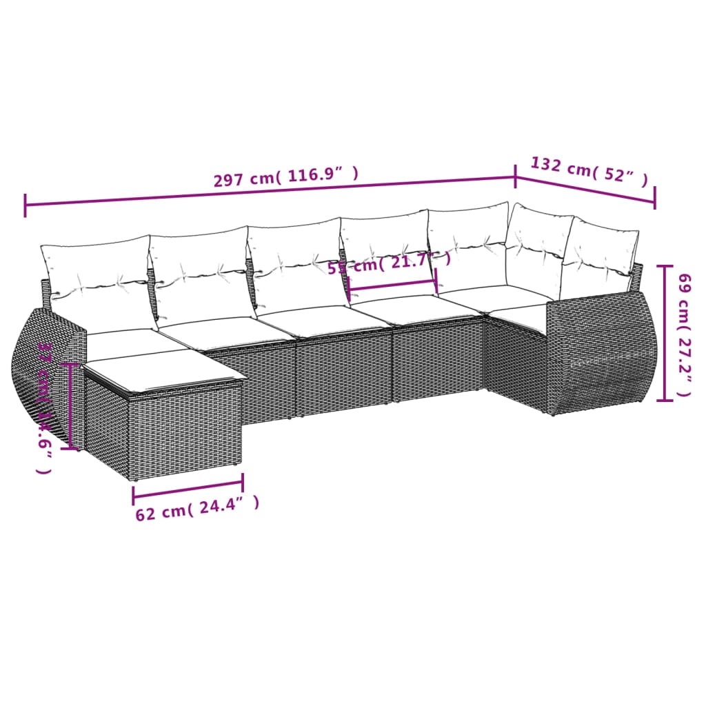 vidaXL 7-teiliges Gartensofa-Set mit Kissen, schwarzes Polyrattan