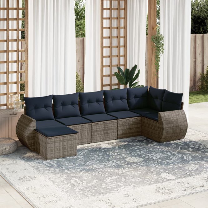 vidaXL 7-teiliges Gartensofa-Set mit Kissen, schwarzes Polyrattan