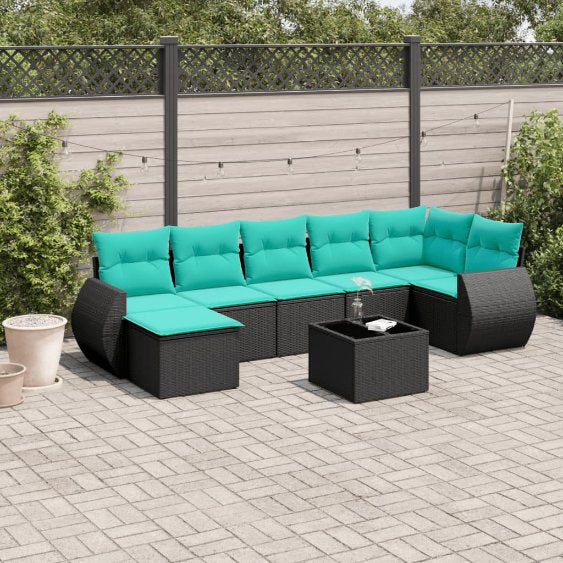 vidaXL 7-teiliges Gartensofa-Set mit Kissen, schwarzes Polyrattan
