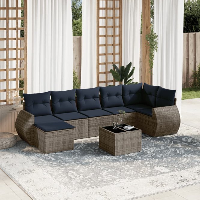 vidaXL 7-teiliges Gartensofa-Set mit Kissen, schwarzes Polyrattan