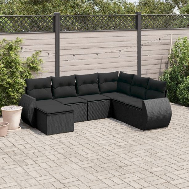 vidaXL 7-tlg. Garten-Sofagarnitur mit Kissen Schwarz Poly Rattan