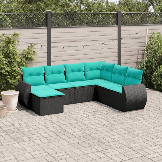 vidaXL 7-teiliges Gartensofa-Set mit Kissen, schwarzes Polyrattan