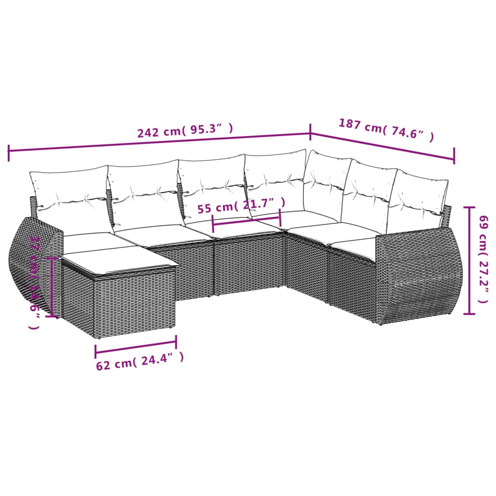 vidaXL 7-teiliges Gartensofa-Set mit Kissen, schwarzes Polyrattan
