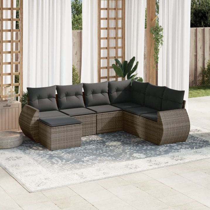 vidaXL 7-tlg. Garten-Sofagarnitur mit Kissen Schwarz Poly Rattan