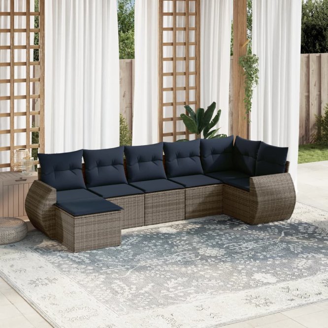 vidaXL 7-teiliges Gartensofa-Set mit Kissen, schwarzes Polyrattan