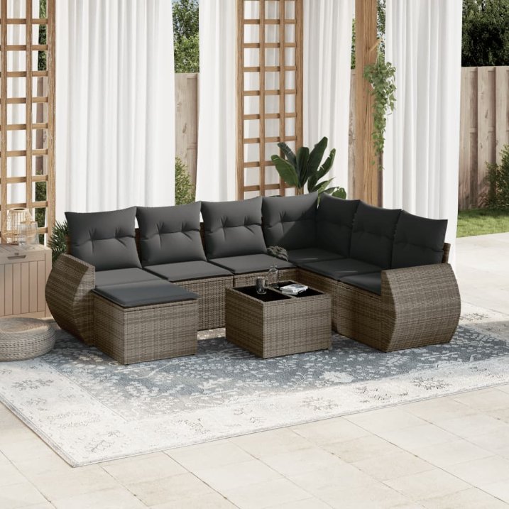 vidaXL 7-tlg. Garten-Sofagarnitur mit Kissen Schwarz Poly Rattan