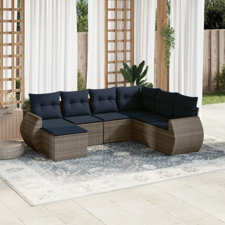 vidaXL 7-teiliges Gartensofa-Set mit Kissen, schwarzes Polyrattan
