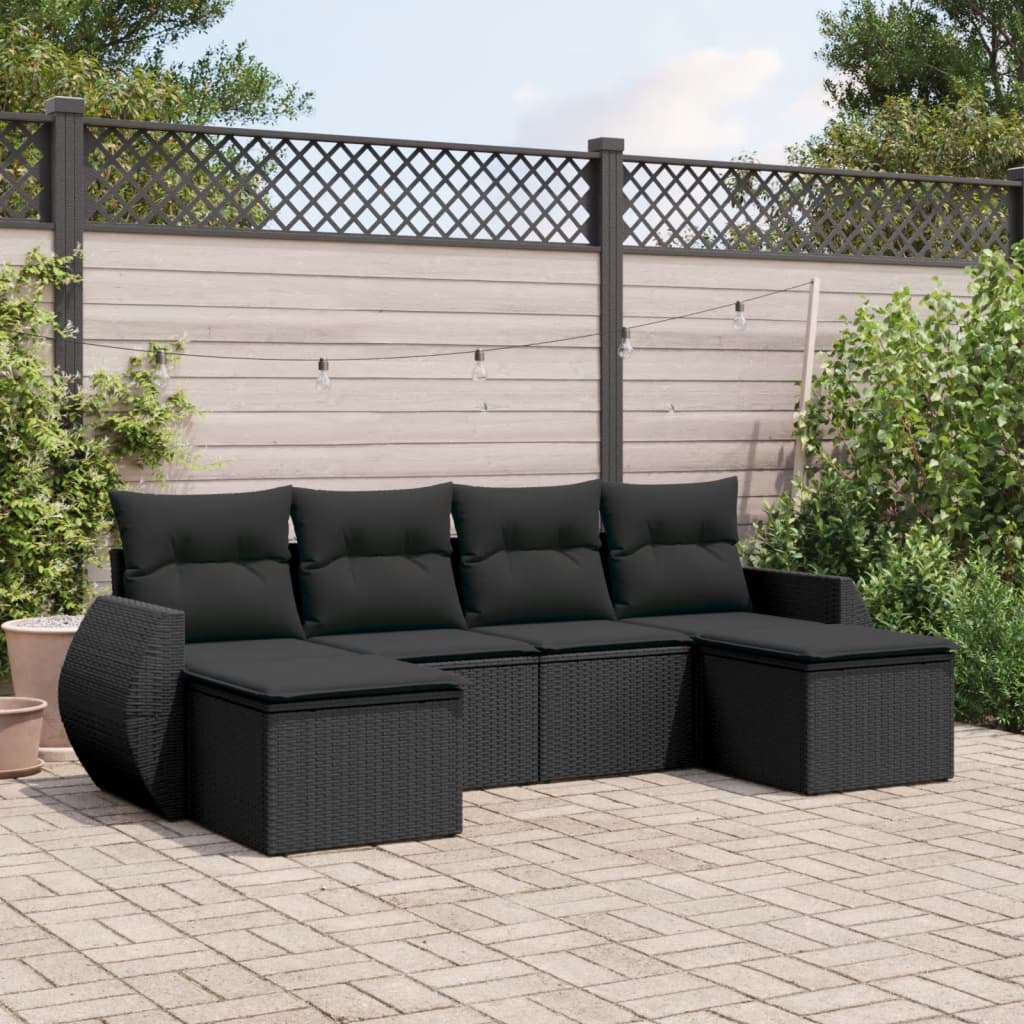 vidaXL 6-tlg. Garten-Sofagarnitur mit Kissen Schwarz Poly Rattan