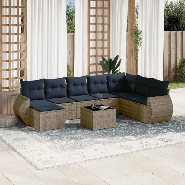 vidaXL 8-teiliges Gartensofa-Set mit Kissen, schwarzes Polyrattan