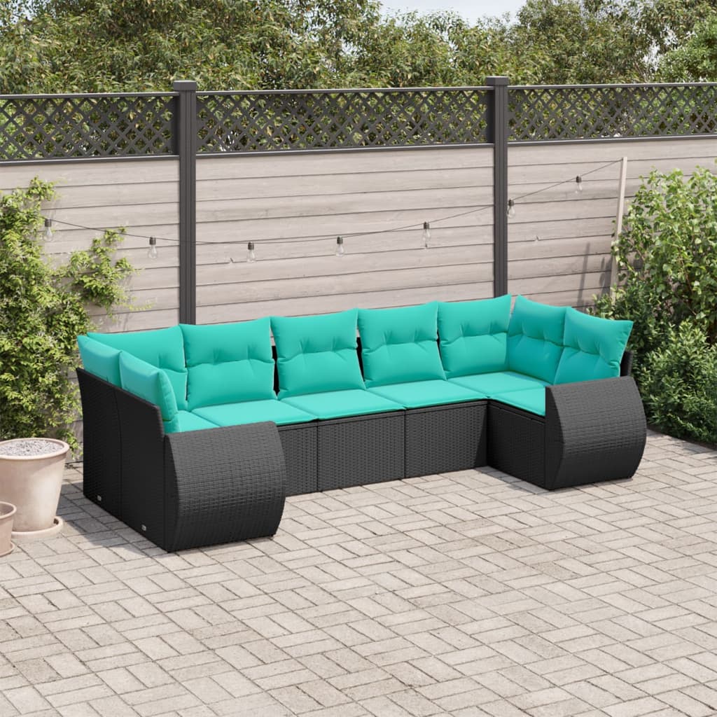 vidaXL 7-teiliges Gartensofa-Set mit Kissen, schwarzes Polyrattan
