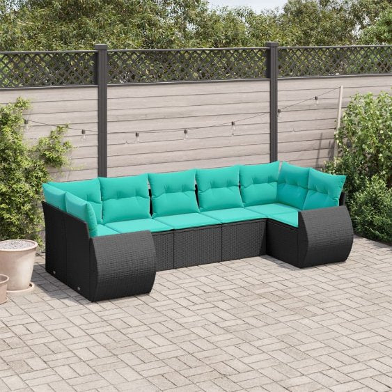 vidaXL 7-teiliges Gartensofa-Set mit Kissen, schwarzes Polyrattan