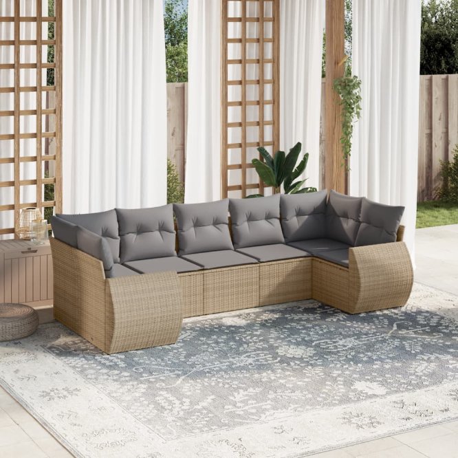 vidaXL 7-tlg. Garten-Sofagarnitur mit Kissen Schwarz Poly Rattan