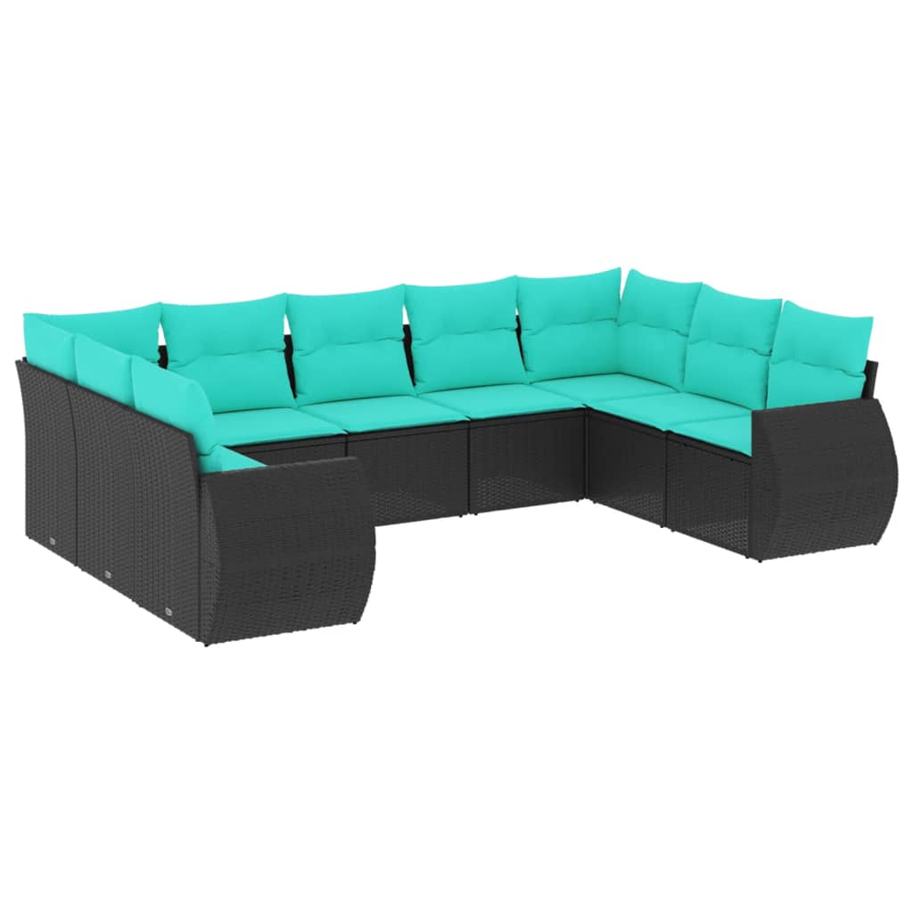 vidaXL 9-teiliges Gartensofa-Set mit Kissen, schwarzes Polyrattan