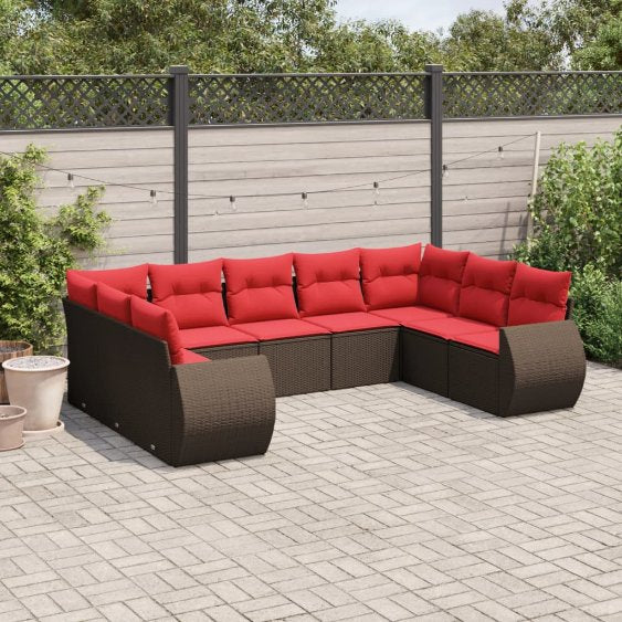 vidaXL 9-teiliges Gartensofa-Set mit Kissen, schwarzes Polyrattan