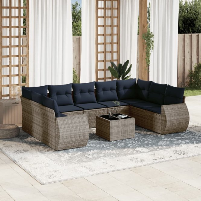 vidaXL 9-teiliges Gartensofa-Set mit Kissen, schwarzes Polyrattan