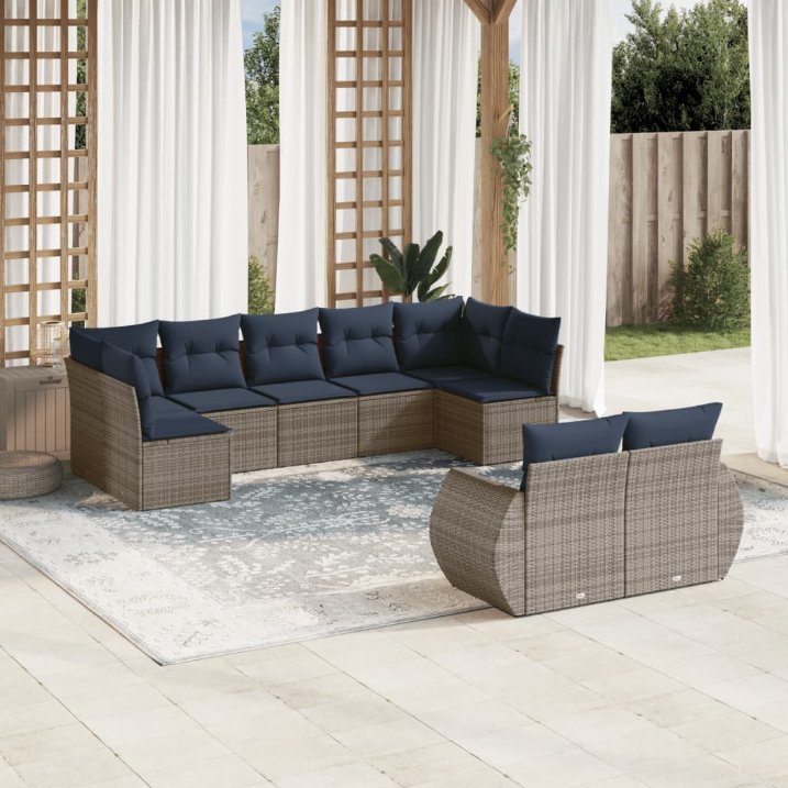 vidaXL 9-teiliges Gartensofa-Set mit Kissen, schwarzes Polyrattan