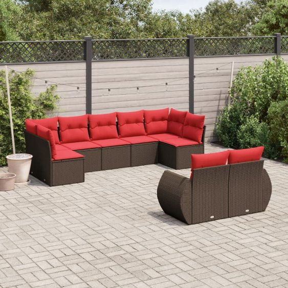 vidaXL 9-teiliges Gartensofa-Set mit Kissen, schwarzes Polyrattan