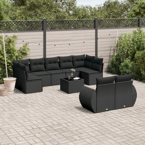 vidaXL 9-tlg. Garten-Sofagarnitur mit Kissen Schwarz Poly Rattan
