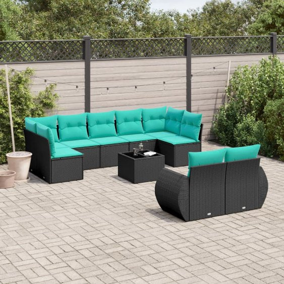 vidaXL 9-teiliges Gartensofa-Set mit Kissen, schwarzes Polyrattan