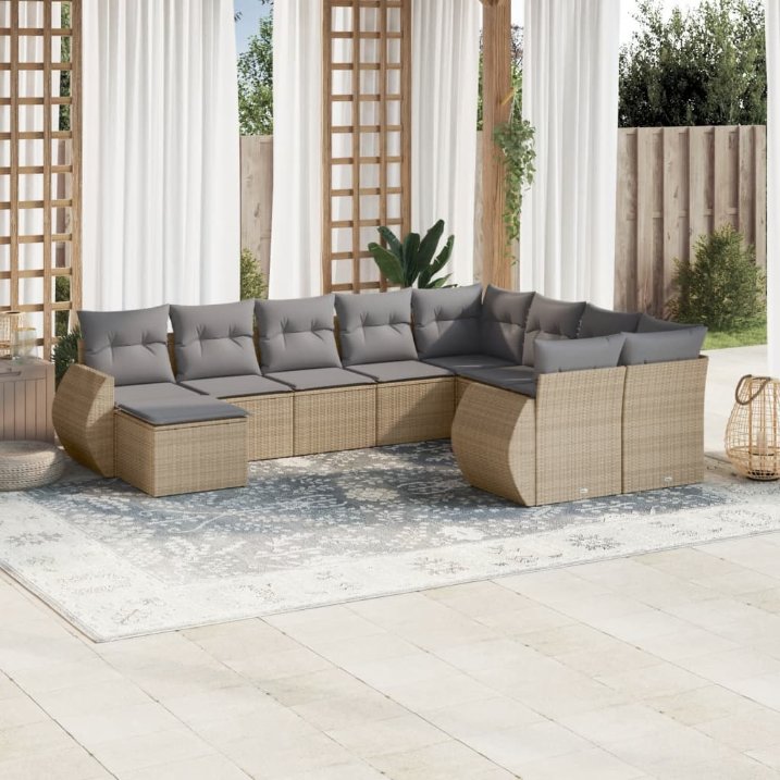 vidaXL 10-tlg. Garten-Sofagarnitur mit Kissen Schwarz Poly Rattan