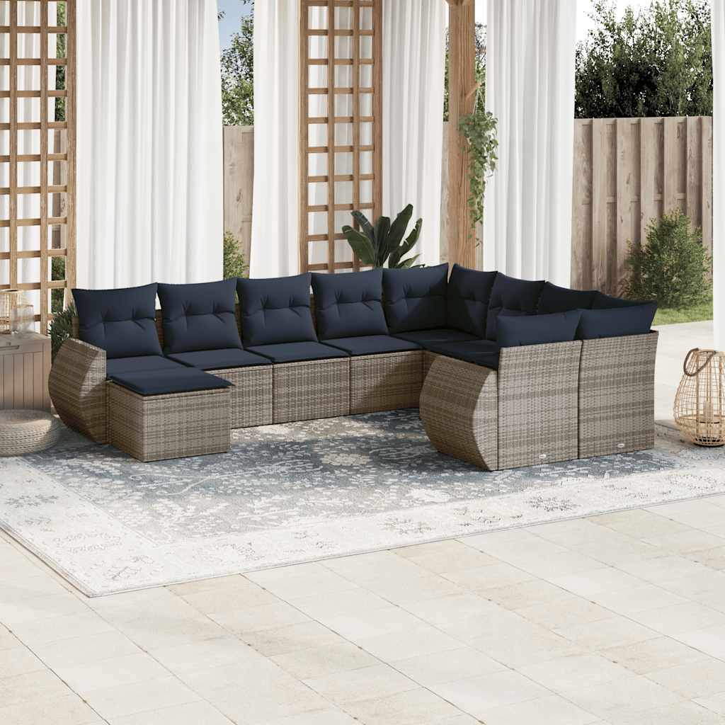 vidaXL 10-teiliges Gartensofa-Set mit Kissen, schwarzes Polyrattan