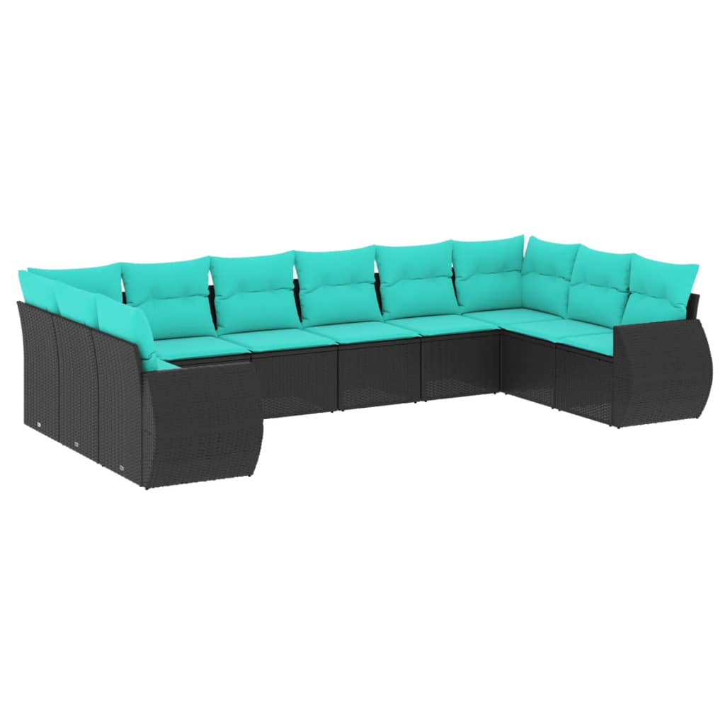 vidaXL 10-teiliges Gartensofa-Set mit Kissen, schwarzes Polyrattan