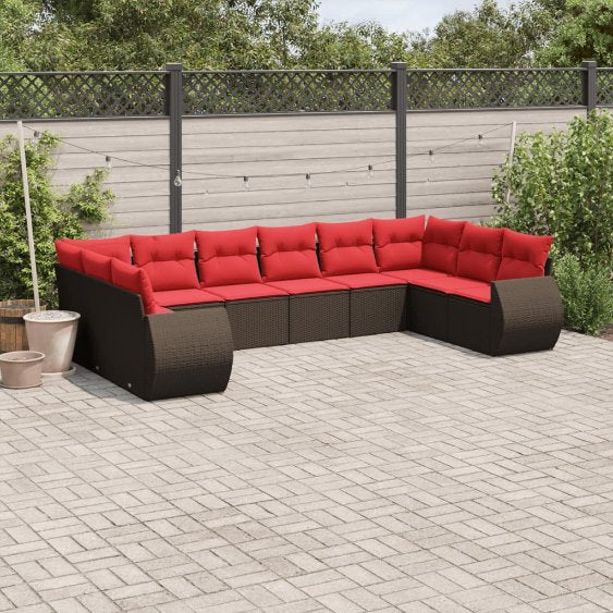 vidaXL 10-teiliges Gartensofa-Set mit Kissen, schwarzes Polyrattan