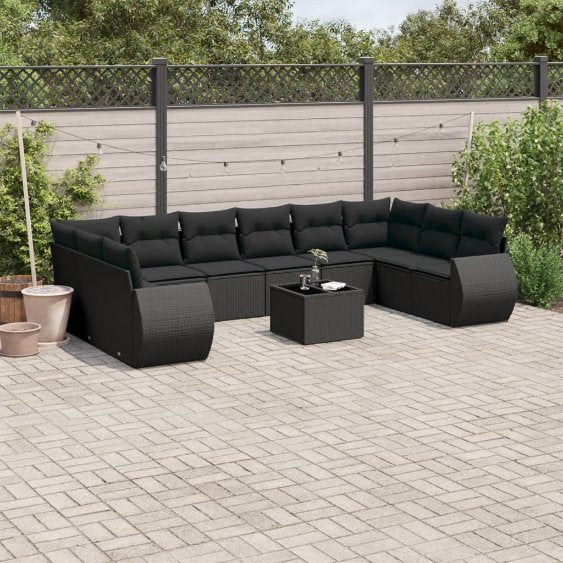 vidaXL 10-tlg. Garten-Sofagarnitur mit Kissen Schwarz Poly Rattan