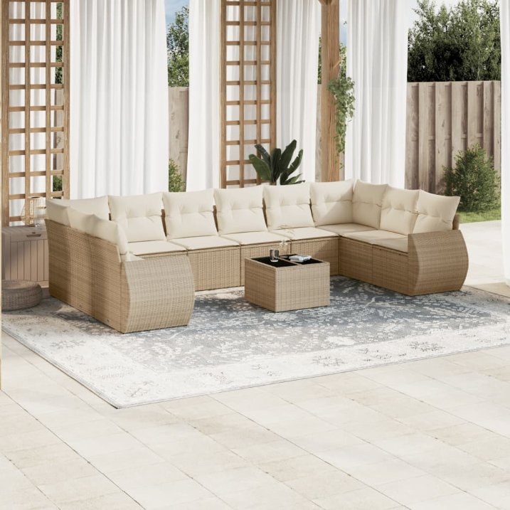 vidaXL 10-tlg. Garten-Sofagarnitur mit Kissen Schwarz Poly Rattan