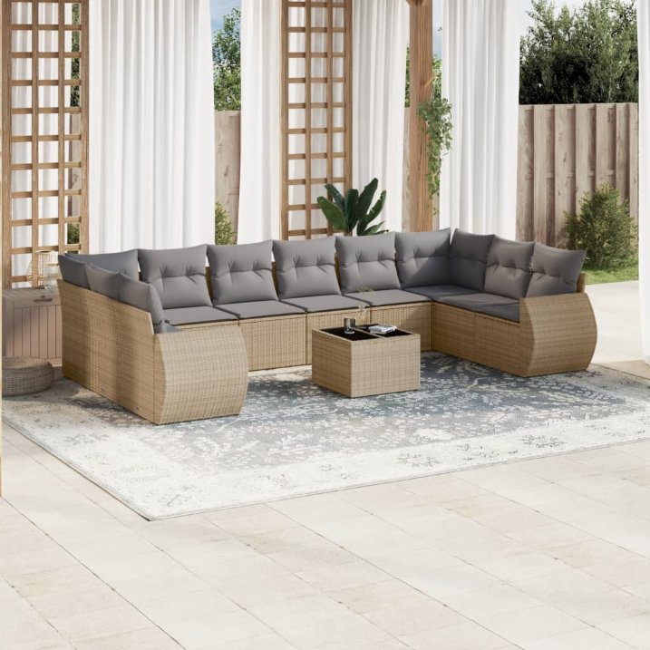 vidaXL 10-tlg. Garten-Sofagarnitur mit Kissen Schwarz Poly Rattan