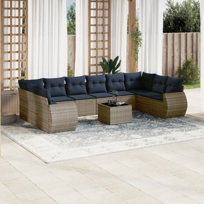 vidaXL 10-teiliges Gartensofa-Set mit Kissen, schwarzes Polyrattan