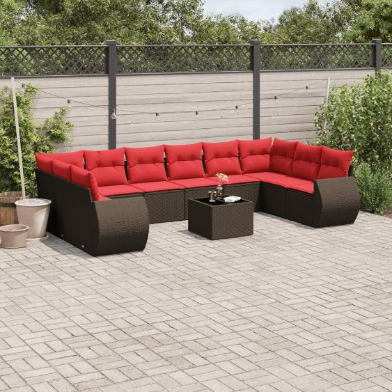 vidaXL 10-teiliges Gartensofa-Set mit Kissen, schwarzes Polyrattan