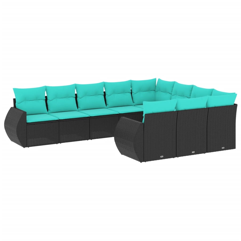 vidaXL 10-teiliges Gartensofa-Set mit Kissen, schwarzes Polyrattan