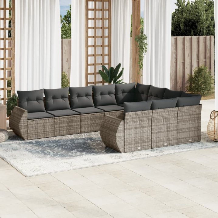 vidaXL 10-tlg. Garten-Sofagarnitur mit Kissen Schwarz Poly Rattan