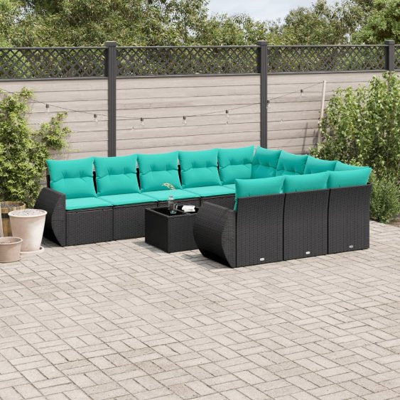 vidaXL 10-teiliges Gartensofa-Set mit Kissen, schwarzes Polyrattan