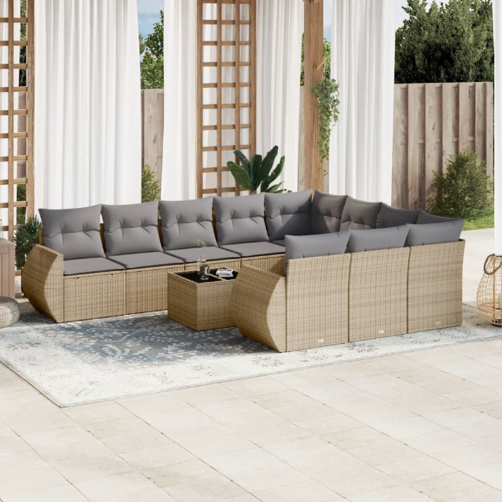 vidaXL 10-tlg. Garten-Sofagarnitur mit Kissen Schwarz Poly Rattan
