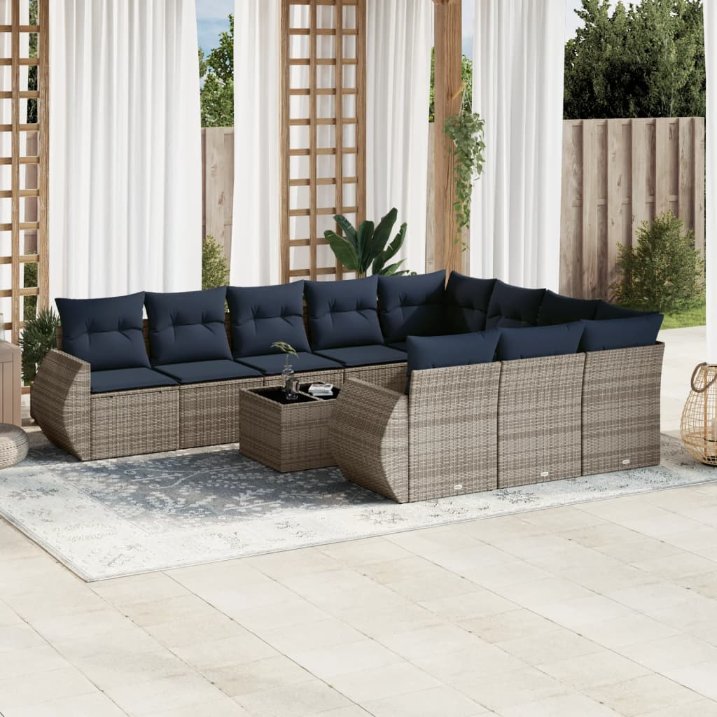 vidaXL 10-teiliges Gartensofa-Set mit Kissen, schwarzes Polyrattan