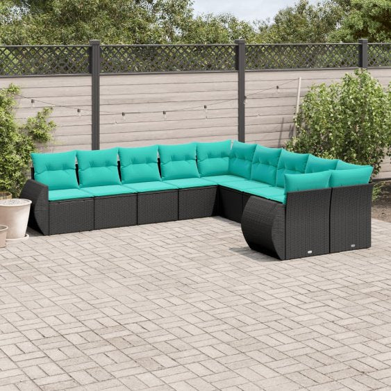 vidaXL 10-teiliges Gartensofa-Set mit Kissen, schwarzes Polyrattan