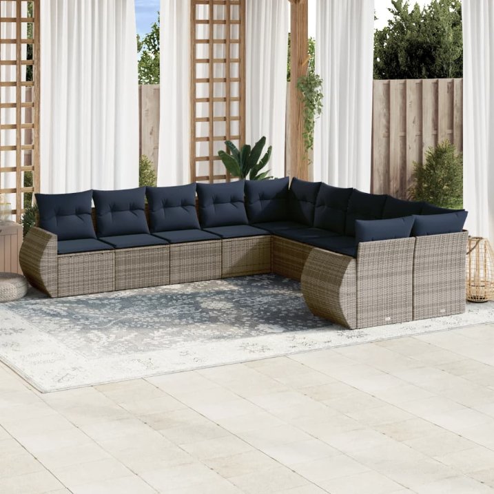 vidaXL 10-teiliges Gartensofa-Set mit Kissen, schwarzes Polyrattan