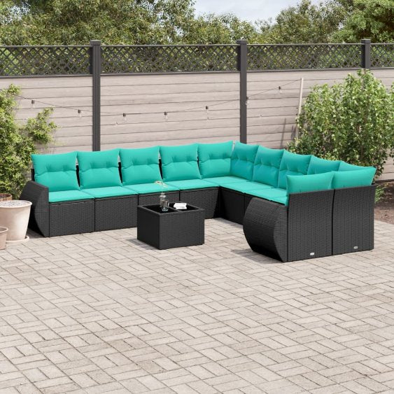 vidaXL 10-teiliges Gartensofa-Set mit Kissen, schwarzes Polyrattan