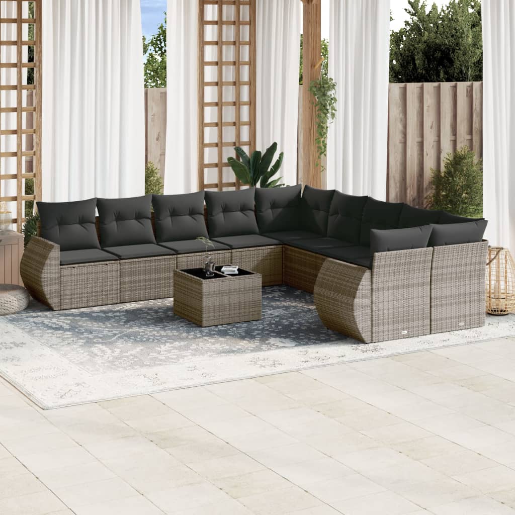 vidaXL 10-tlg. Garten-Sofagarnitur mit Kissen Schwarz Poly Rattan